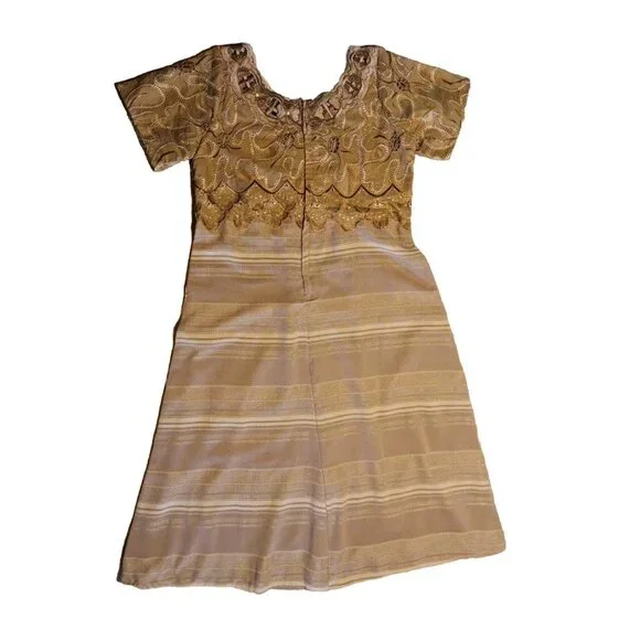 Jem Afrik Womens M 8 10 Dress 100% Cotton Tan Ethnic Cutout Floral Made In Ghana - Picture 7 of 9